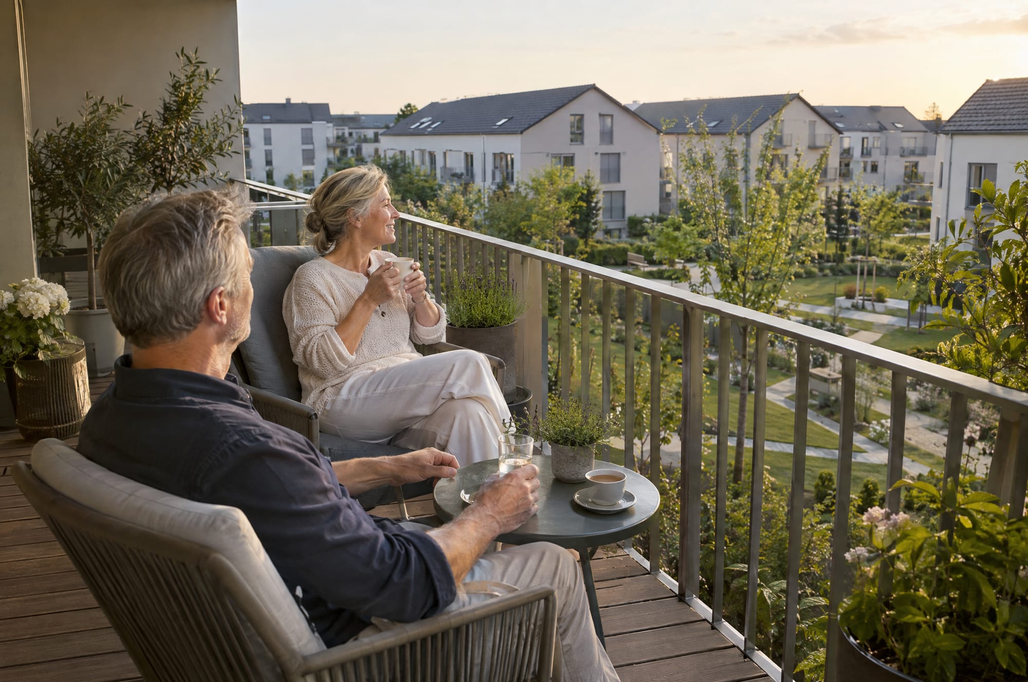 Paar am Abend auf dem Balkon einer neuen Wohnung, Blick in den begrünten Innenhof der Wohnanlage
