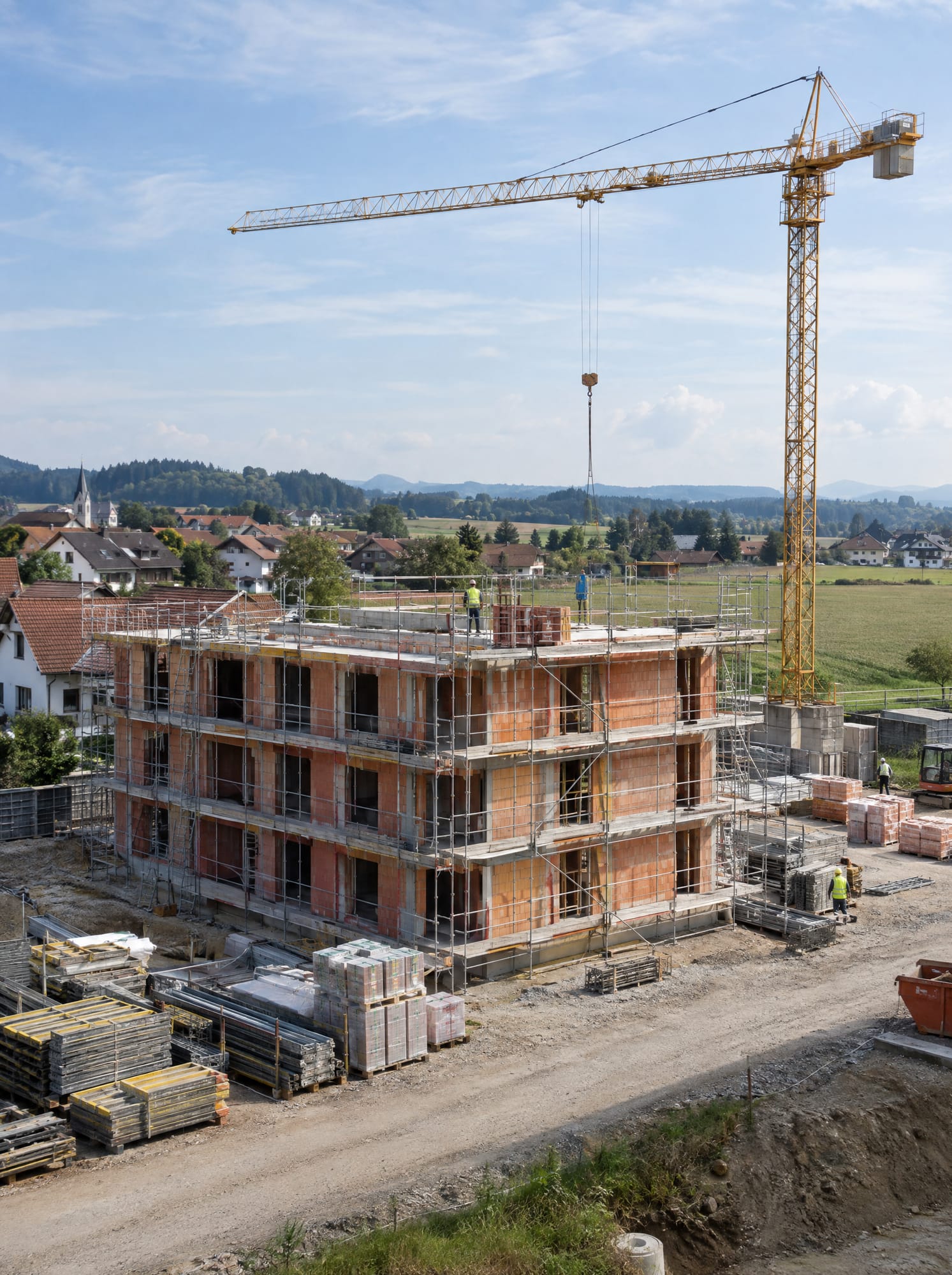 Rohbau eines Mehrfamilienhauses mit Kran am Ortsrand in der Region Dillingen