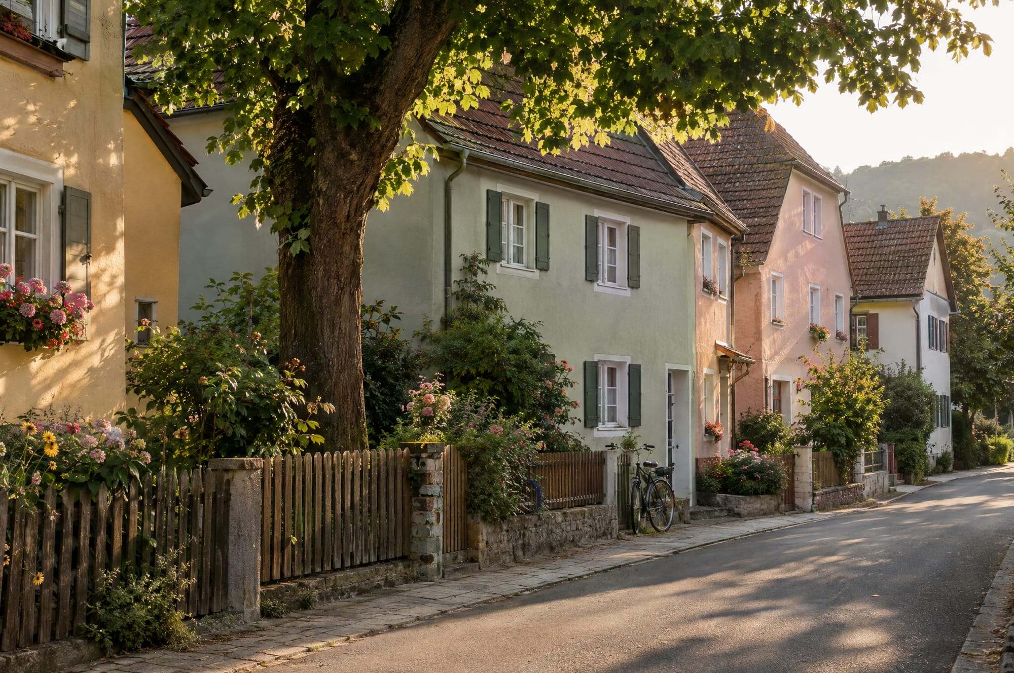 Ruhige Straße mit älteren Wohnhäusern und Vorgärten in der Region Gundelfingen am späten Nachmittag