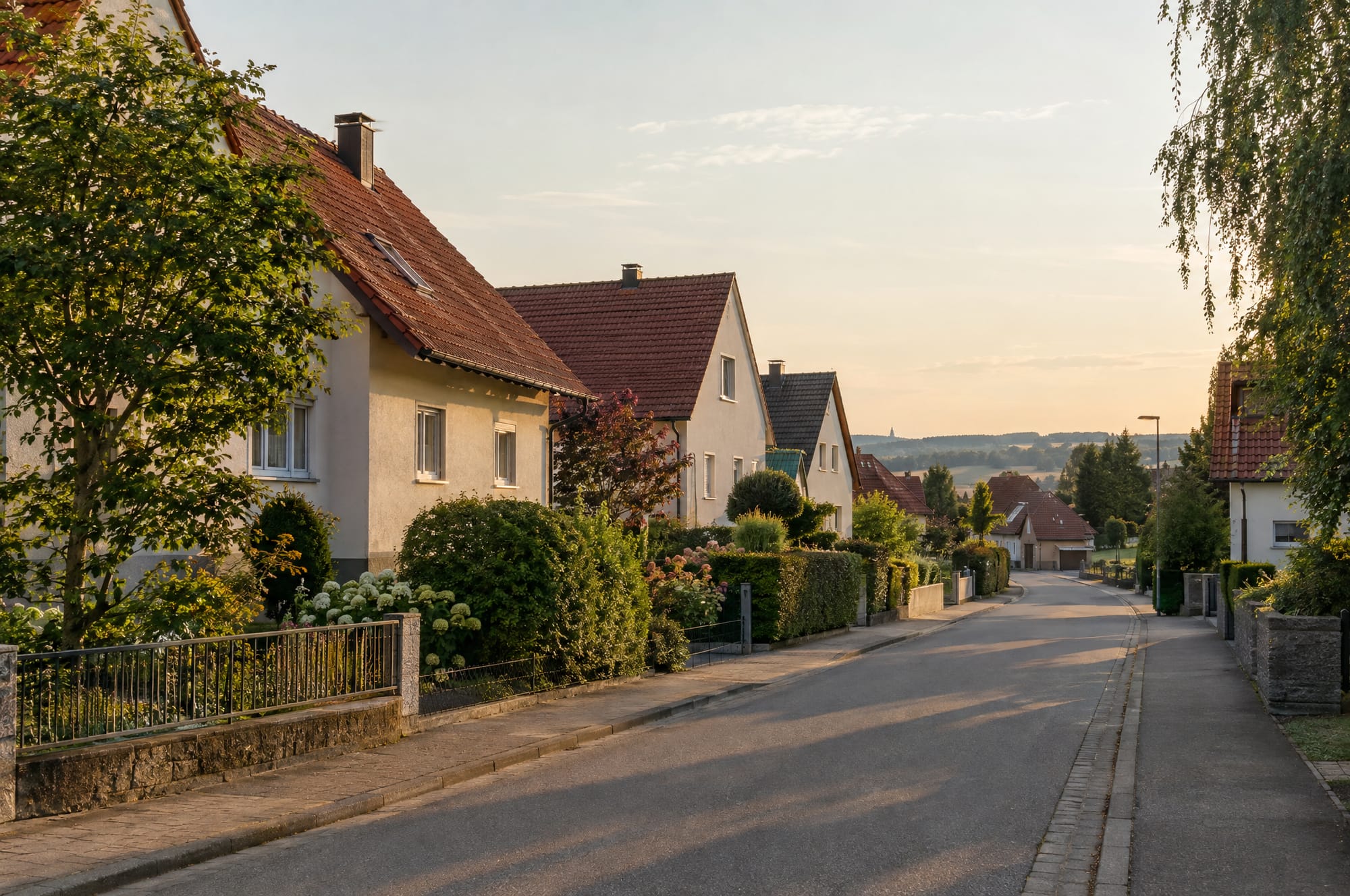 Ruhige Wohnstraße mit Einfamilienhäusern in der Region Dillingen am späten Nachmittag